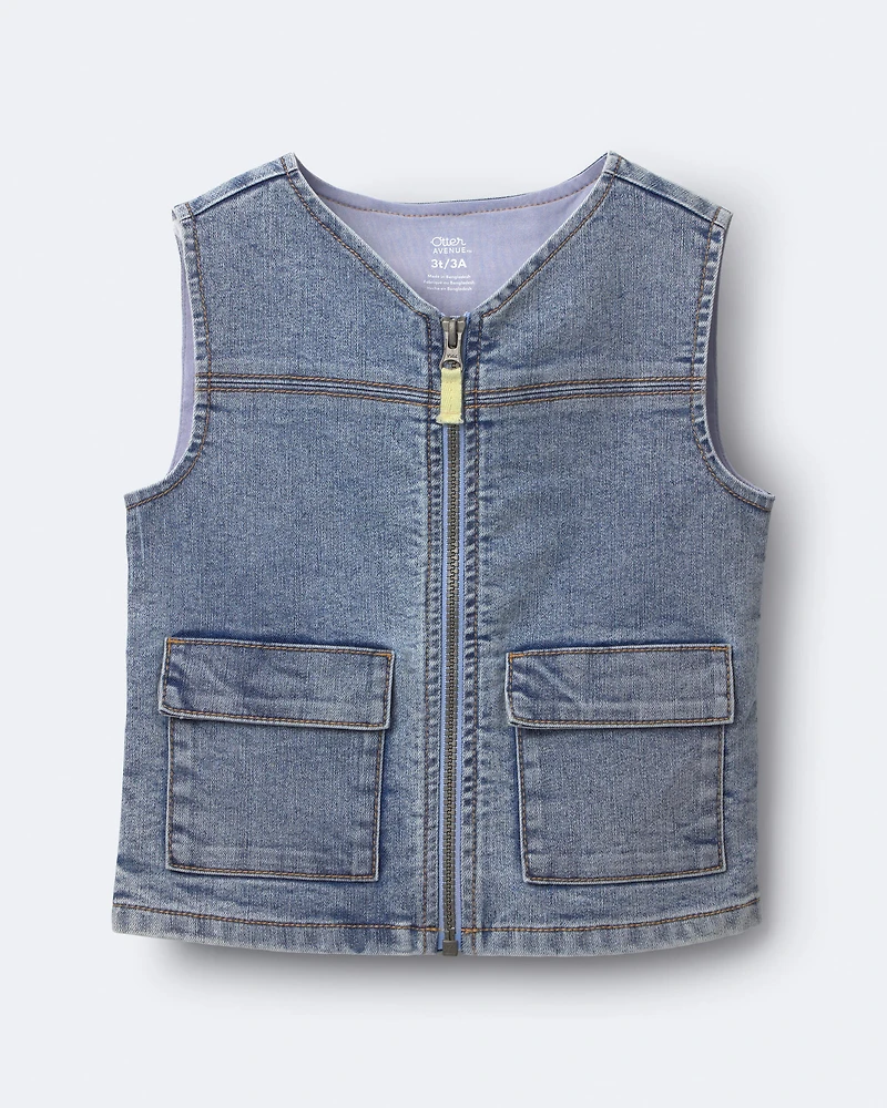 Toddler Boy Zip-Up Denim Vest with Pockets in Avenue Wash - Blue