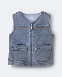 Toddler Boy Zip-Up Denim Vest with Pockets in Avenue Wash - Blue