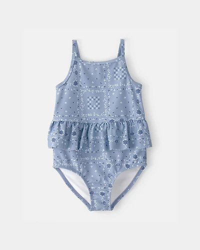 Toddler Girl Bandana Floral 1-Piece Swimsuit - Blue