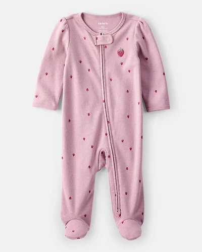 Baby Girl Strawberry Print 100% Cotton Sleep & Play Pajamas - Pink