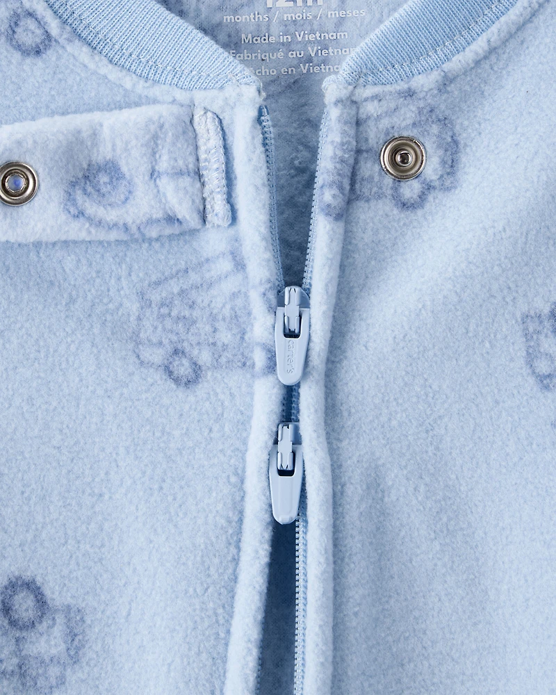 Baby Boy Firetruck Print Loose Fit 2-Way Zip 1-Piece Pajamas - Blue