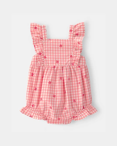 Baby Girl Gingham Flower Romper - Pink