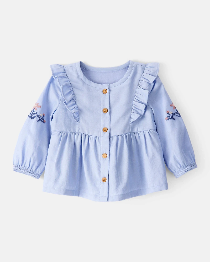 Baby Girl Embroidered Cotton Long-Sleeve Top - Blue
