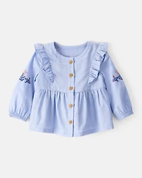 Baby Girl Embroidered Cotton Long-Sleeve Top - Blue