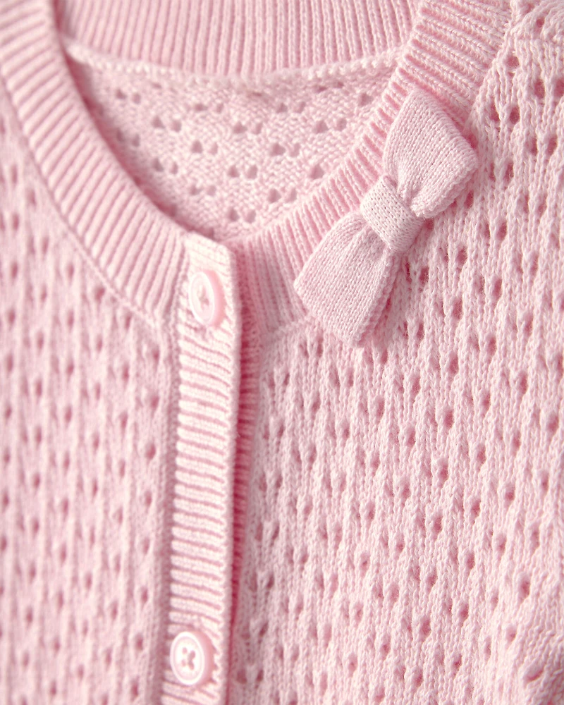 Baby Girl Bow Pointelle Button-Up Cardigan Sweater - Pink