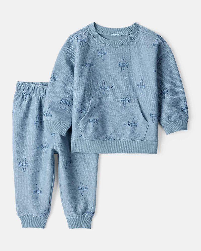 Baby Boy Airplane French Terry Long-Sleeve Tee & Pant Set - Blue