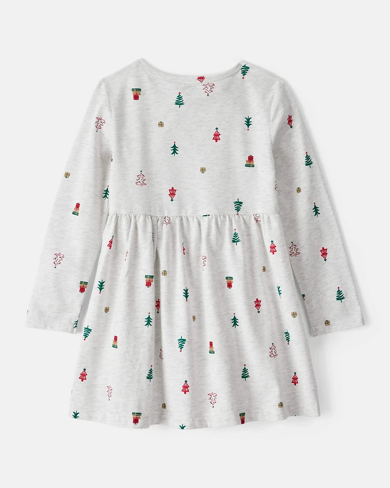 Toddler Girl Christmas Tree Print Long-Sleeve Dress