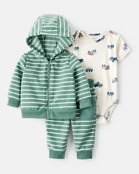 Baby Boy 3-Piece Construction Striped Print Hooded Zip-Up Jacket, Bodysuit & Pant Set - Green