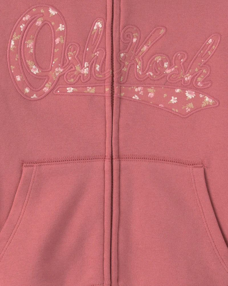 Girls Floral OshKosh Logo Fleece Zip-Up Hoodie - Pink