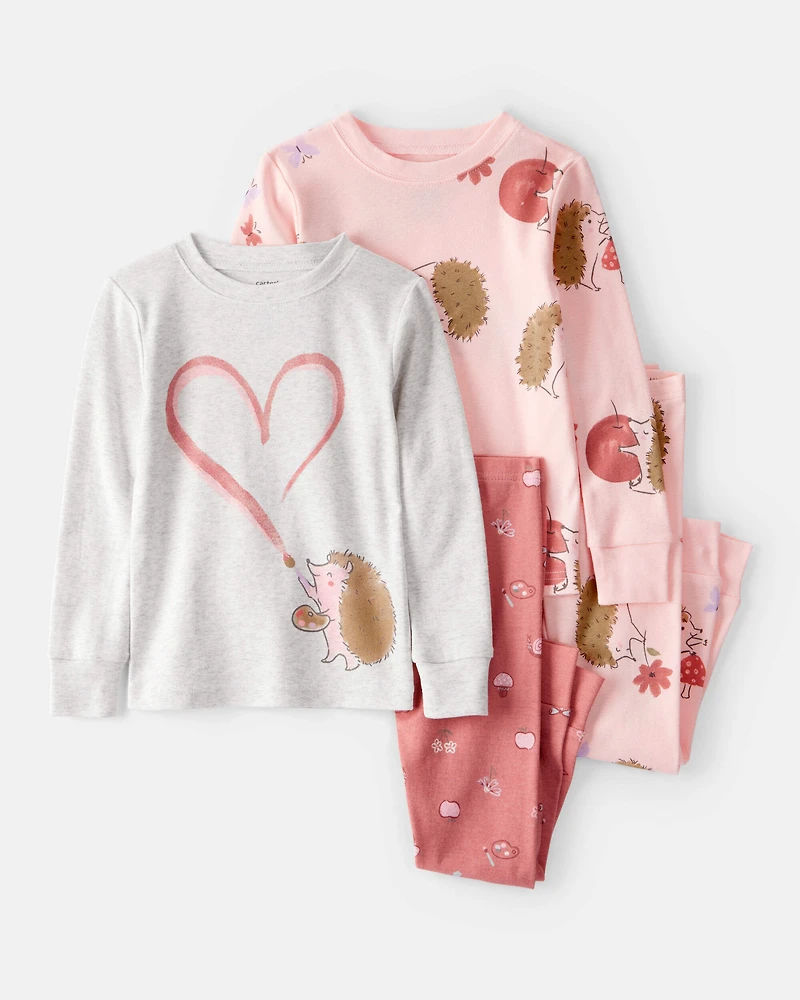 Baby Girl Hedgehog Print Cotton Long-Sleeve 4-Piece Pajamas - Pink/Brown