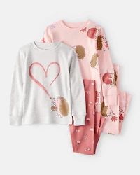 Baby Girl Hedgehog Print Cotton Long-Sleeve 4-Piece Pajamas - Pink/Brown