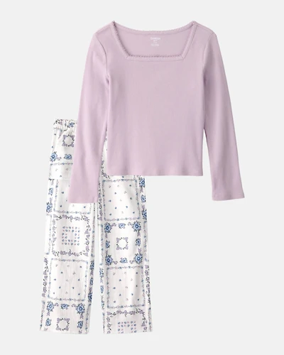 Girls 2-Piece Fashion Top & Pants Set - Purple/White