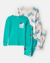 Boys Snowmobile 100% Cotton Loose Fit 4-Piece Pajamas - Green