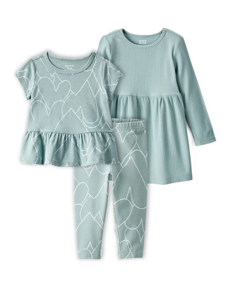 Baby Girl 3-Piece Heart Print Outfit & Dress Set - Green