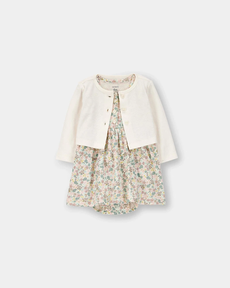 Baby Girl Floral Cardigan Dress Set - Cream