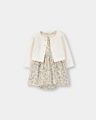 Baby Girl Floral Cardigan Dress Set - Cream