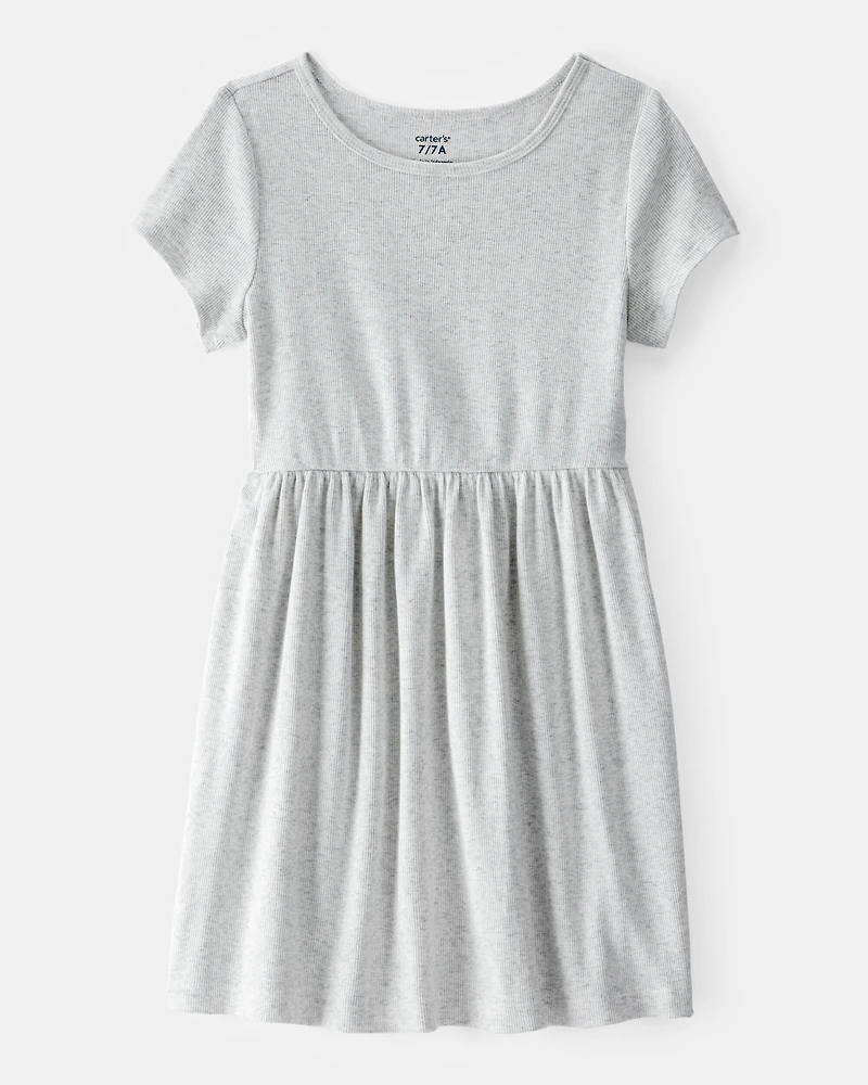 Girls Ribbed Short-Sleeve Dress - Grey