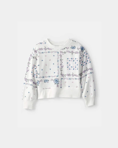 Girls Bandana Floral French Terry Pullover Sweatshirt - Blue/Ivory
