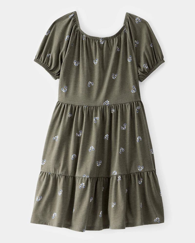 Kid Floral Tiered Puff Sleeve Dress - Green