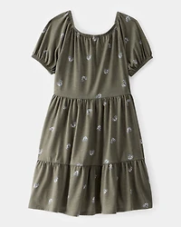 Kid Floral Tiered Puff Sleeve Dress - Green