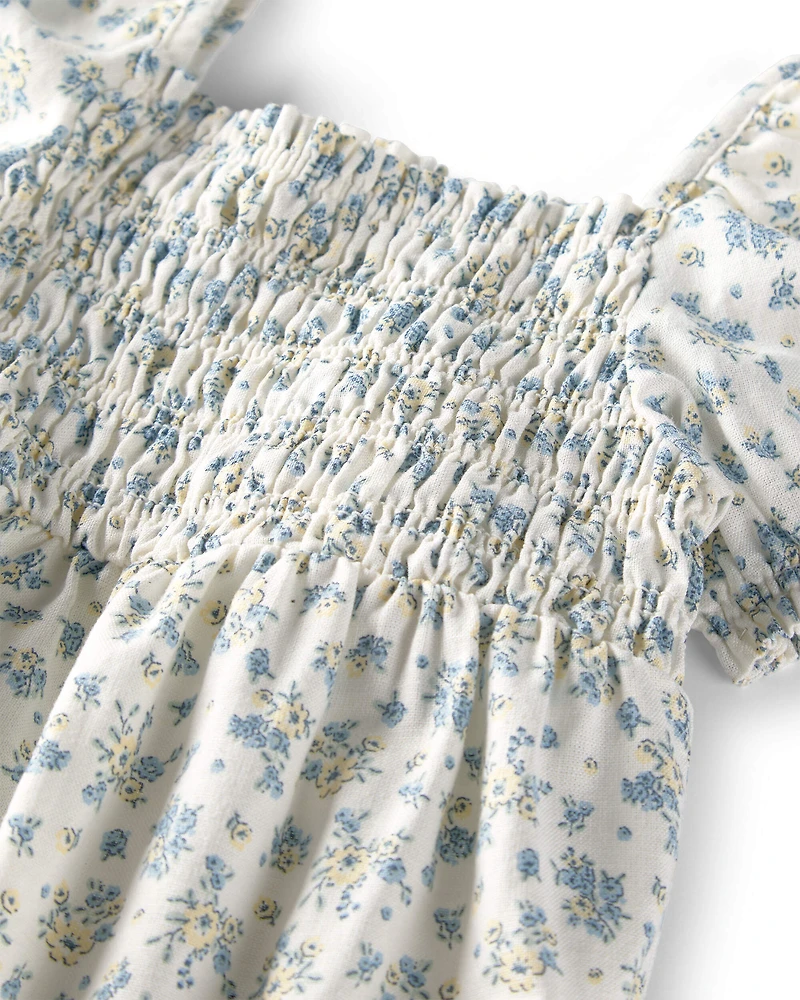 Baby Girl Smocked Romper Made with Organic Cotton in Spring Bloom