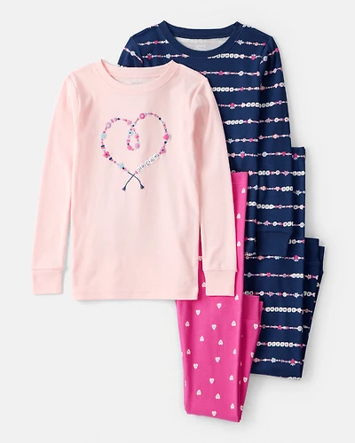 Girls Heart Print 100% Cotton Long-Sleeve Snug Fit 4-Piece Pajamas - Navy/Pink