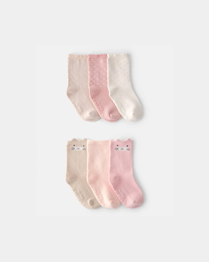 Toddler Girl 6-Pack Cat Polka Dots Crew Socks