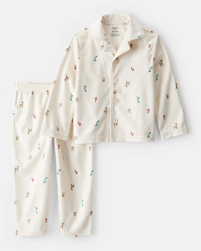 Toddler Mini Christmas Fleece Long-Sleeve Loose Fit 2-Piece Pajamas - White