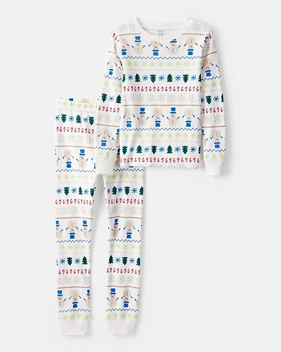 Kid Snowman Fair Isle 100% Cotton Long-Sleeve Snug Fit 2-Piece Pajamas - White