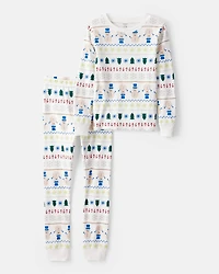 Kid Snowman Fair Isle 100% Cotton Long-Sleeve Snug Fit 2-Piece Pajamas - White