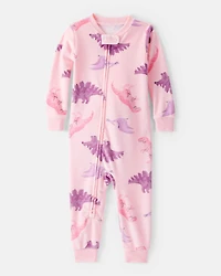 Baby Girl Dinosaur Print DreamPlush Snug Fit Long-Sleeve 2-Way Zip 1-Piece Pajamas - Pink