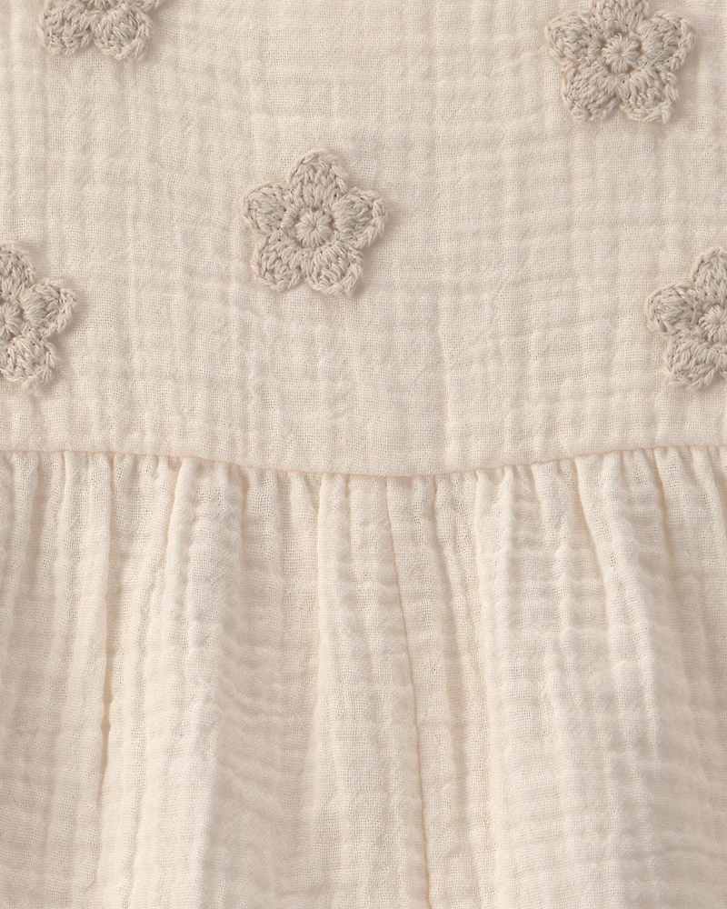 Baby Girl Flower Embroidered Romper - Ivory