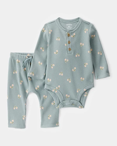 Baby 2-Piece Floral Waffle Knit Long-Sleeve Bodysuit Pant Set - Green