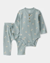 Baby 2-Piece Floral Waffle Knit Long-Sleeve Bodysuit Pant Set - Green