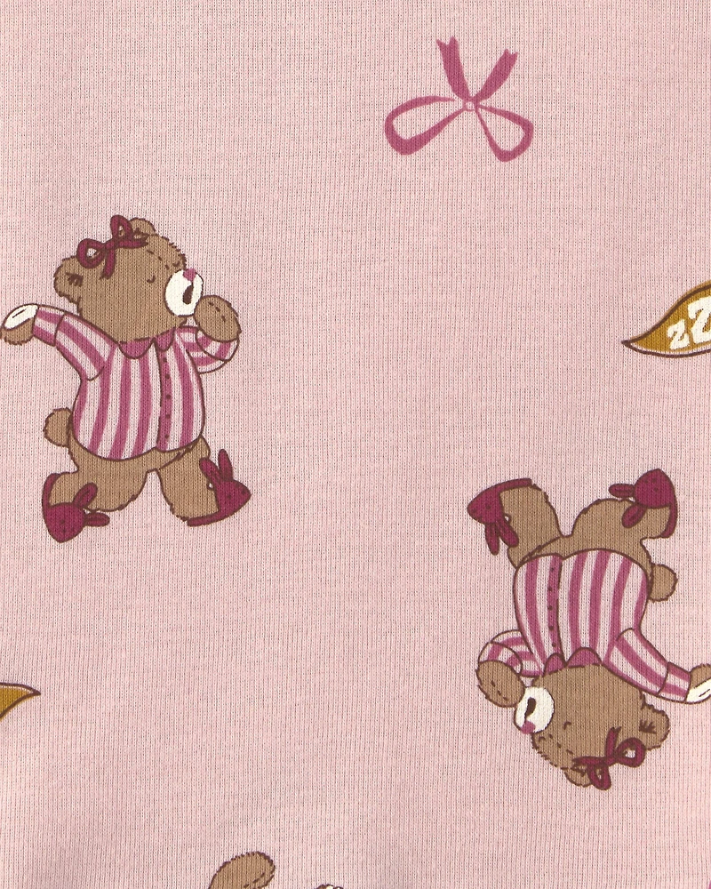 Girls 4-Piece Varsity Bear 100% Cotton Snug Fit Pajama Set - Pink/Cream