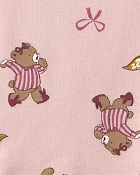 Girls 4-Piece Varsity Bear 100% Cotton Snug Fit Pajama Set - Pink/Cream