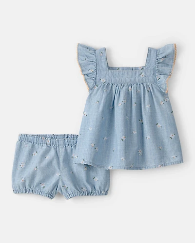 Baby Girl 2-Piece Floral Chambray Top & Short Set - Blue