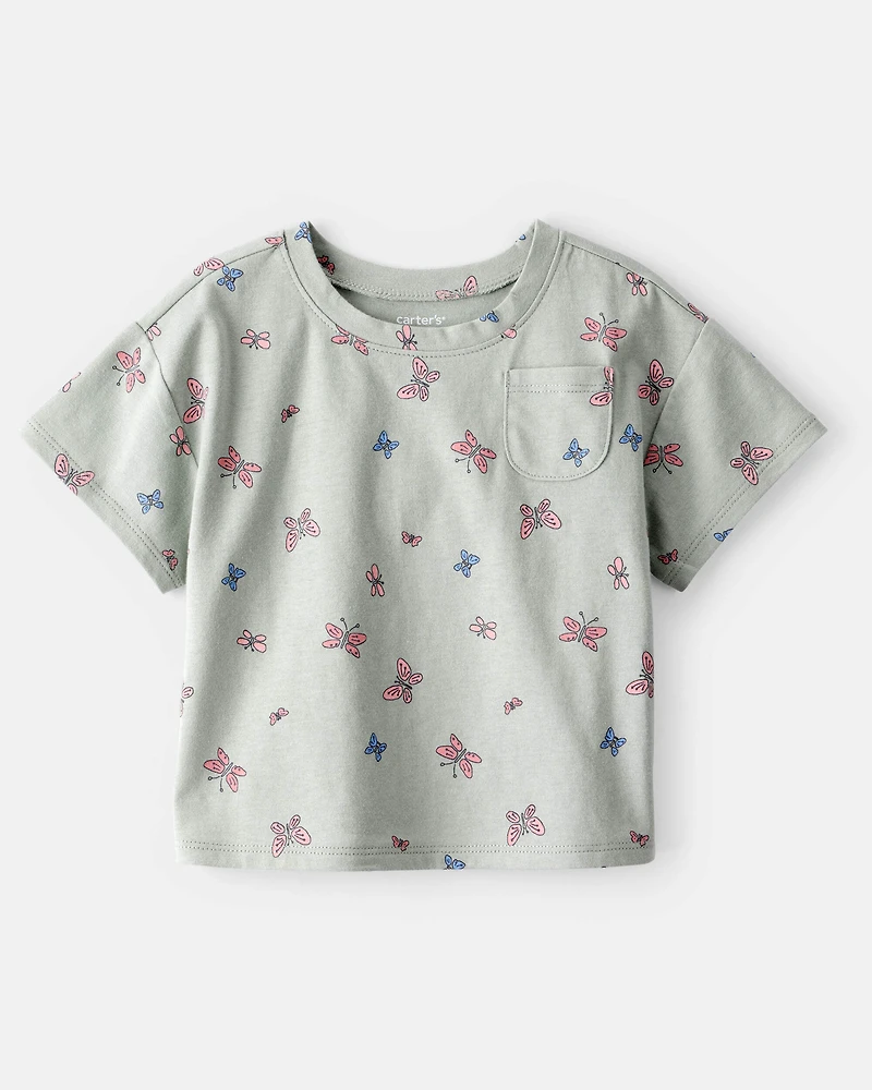 Baby Girl Butterfly-Print Short-Sleeve Pocket Tee - Green