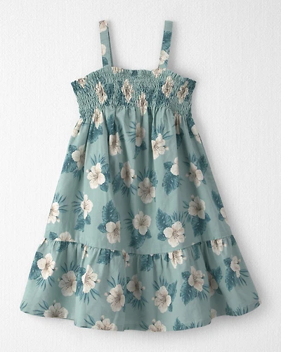 Girls Smocked Linen Dress Made with Organic Cotton in Blue Hibiscus