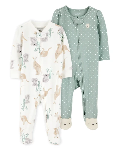 Baby 2-Pack  Cotton 2-Way Zip Sleep & Play Pajamas - Green/Ivory