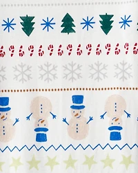 Kid Snowman Fair Isle 100% Cotton Long-Sleeve Snug Fit 2-Piece Pajamas - White