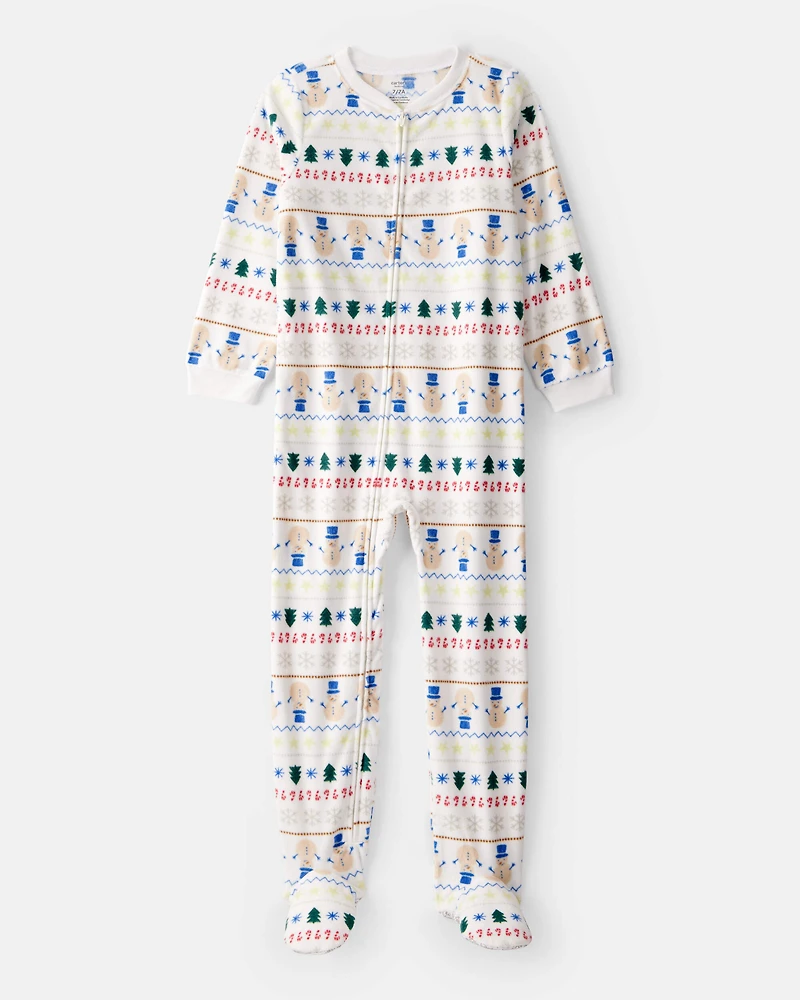Kid Snowman Fair Isle Fleece Long-Sleeve Loose Fit 1-Piece Pajamas - White