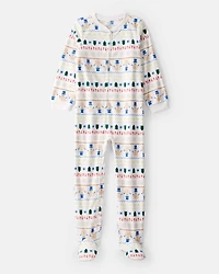 Kid Snowman Fair Isle Fleece Long-Sleeve Loose Fit 1-Piece Pajamas - White