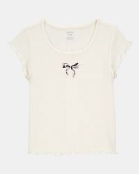 Kid 2-Piece Butterfly Pointelle Tee & Polka Dot Chiffon Skirt Set - Tan/White