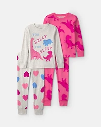 Baby Girl 4-Piece Dino Heart Cotton Snug Fit Pajama Set - Pink