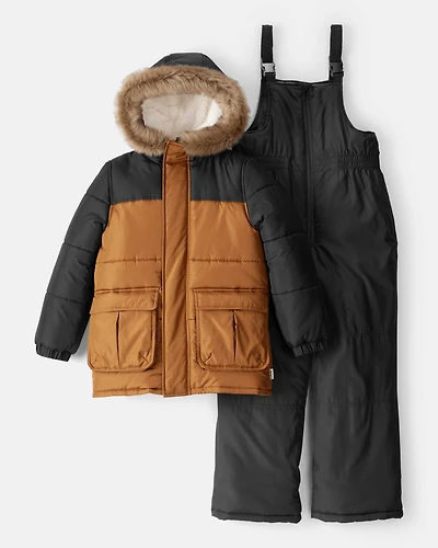 Boys 2-Piece Color Block Hooded Snowsuit Jacket & Bib Set - Brown/Black
