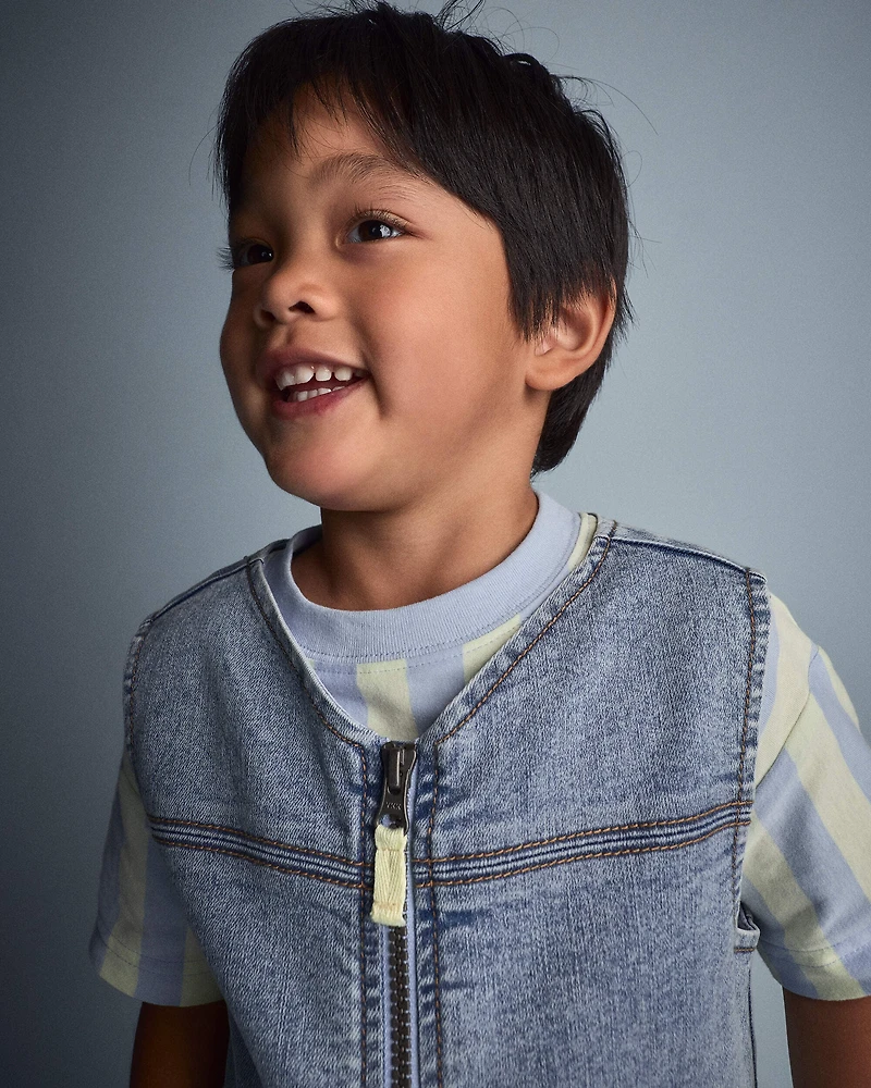Toddler Boy Zip-Up Denim Vest with Pockets in Avenue Wash - Blue