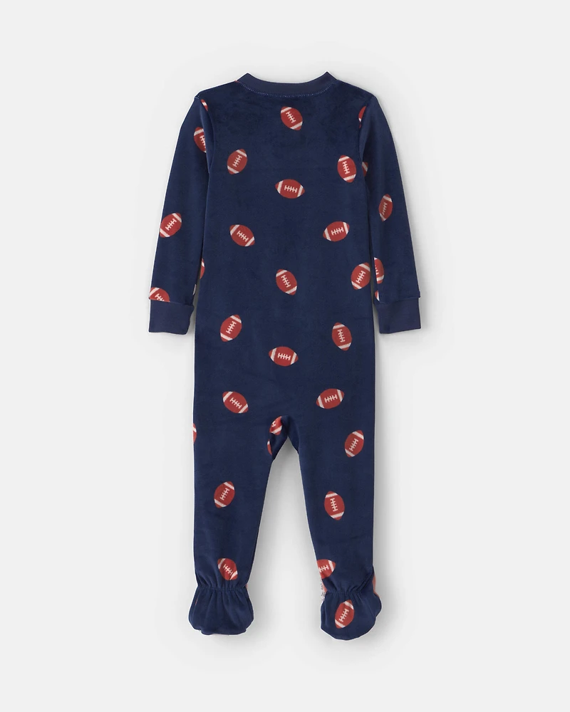 Baby Boy 1-Piece Football 2-Way Zip DreamPlush Snug Fit Footed Pajama - Navy Blue