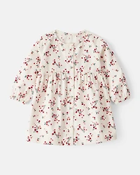 Baby Girl Floral Print Corduroy Long-Sleeve Dress - White