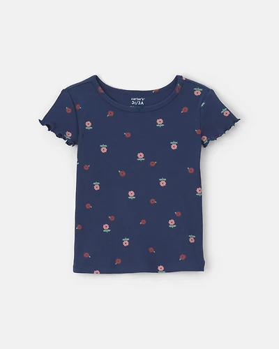 Toddler Girl Floral Rib Top - Navy Blue